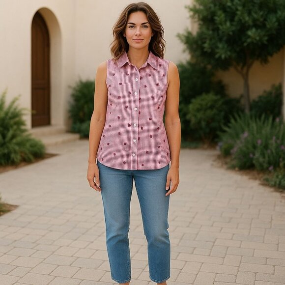 Vtg Womens L Red Gingham Western Sleeveless Silk Shirt Floral Detail by E.P. Pro - Picture 1 of 11